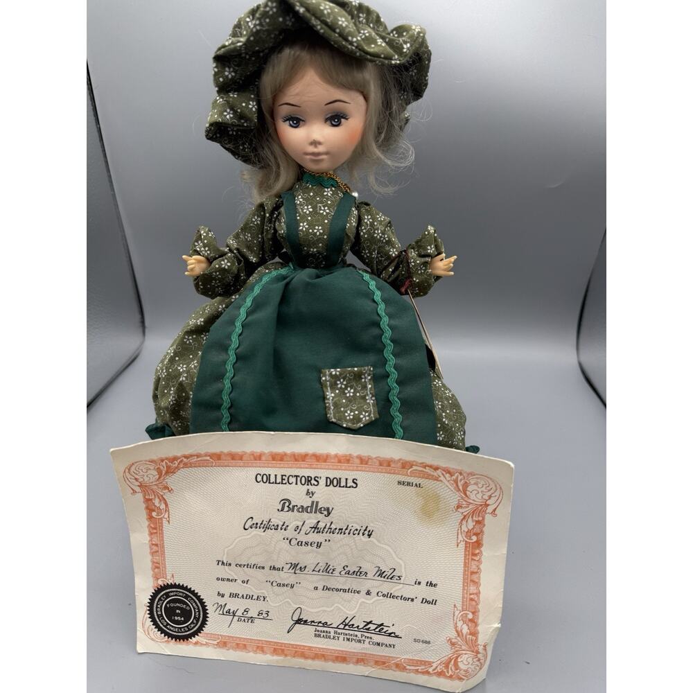 Vintage Bradley Dolls Casey 1983 Collector Doll w/ COA Green Dress Bonnet